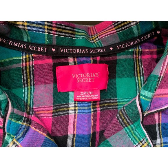 Victoria Secret Flannel Short Dress/ Robe Pink Grn Plaid Drawstring Waist XS - Picture 8 of 11